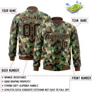 Custom Brown Khaki Varsity Full-Zip Camo Letterman Bomber Jacket