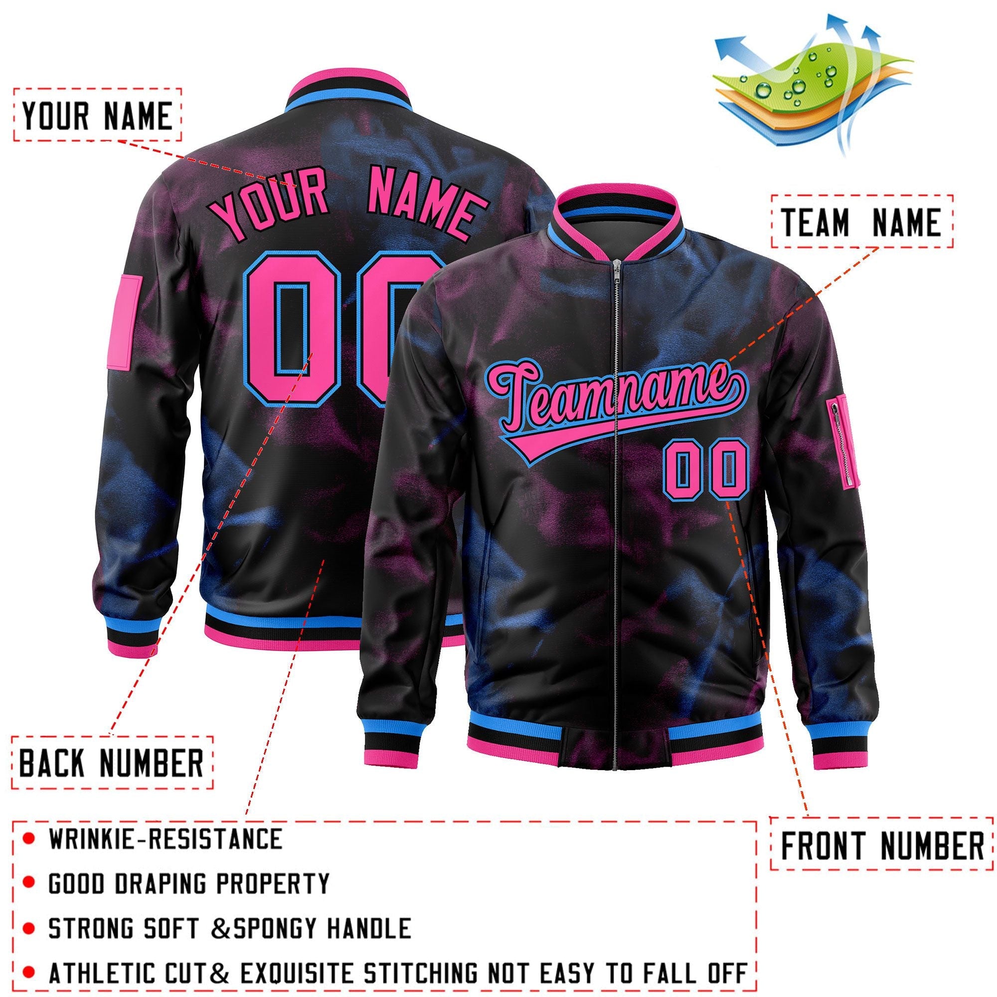 Custom Black Pink-Powder Blue Varsity Full-Zip Blur Spray Letterman Bomber Jacket