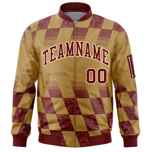 Custom Old Gold Crimson Grid Varsity Full-Zip Color Block Letterman Bomber Jacket