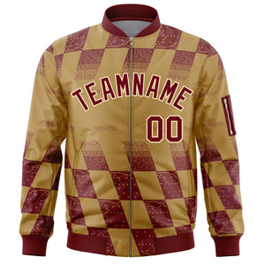 Custom Old Gold Crimson Grid Varsity Full-Zip Color Block Letterman Bomber Jacket