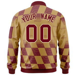 Custom Old Gold Crimson Grid Varsity Full-Zip Color Block Letterman Bomber Jacket