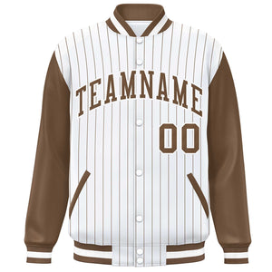 Custom White Brown Stripe Fashion Bomber Varsity Jacket with Raglan Sleeves