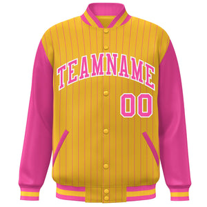 Custom Gold Pink-White Stripe Fashion Bomber Varsity Jacket with Raglan Sleeves