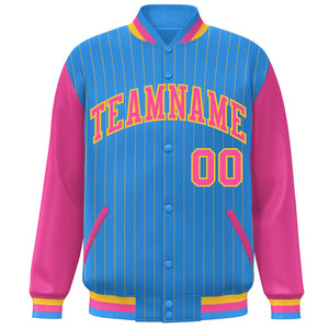 Custom Powder Blue Pink-Yellow Stripe Fashion Bomber Varsity Jacket with Raglan Sleeves