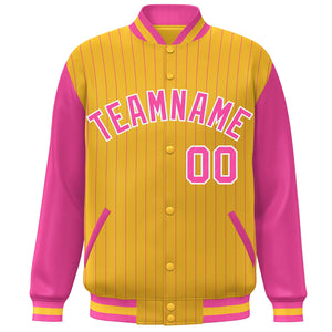 Custom Gold Pink-White Stripe Fashion Bomber Varsity Jacket with Raglan Sleeves