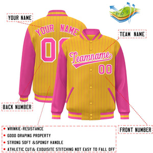 Custom Gold Pink-White Stripe Fashion Bomber Varsity Jacket with Raglan Sleeves