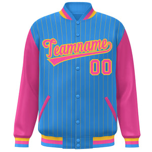 Custom Powder Blue Pink-Yellow Stripe Fashion Bomber Varsity Jacket with Raglan Sleeves