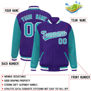 Custom Purple Aqua-White Stripe Fashion Bomber Varsity Jacket with Raglan Sleeves