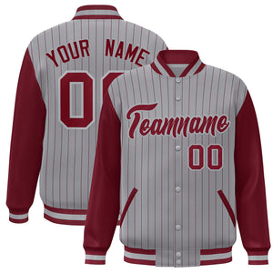 Custom Gray Crimson Stripe Fashion Bomber Varsity Jacket with Raglan Sleeves