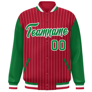 Custom Red Kelly Green-White Stripe Fashion Bomber Varsity Jacket with Raglan Sleeves