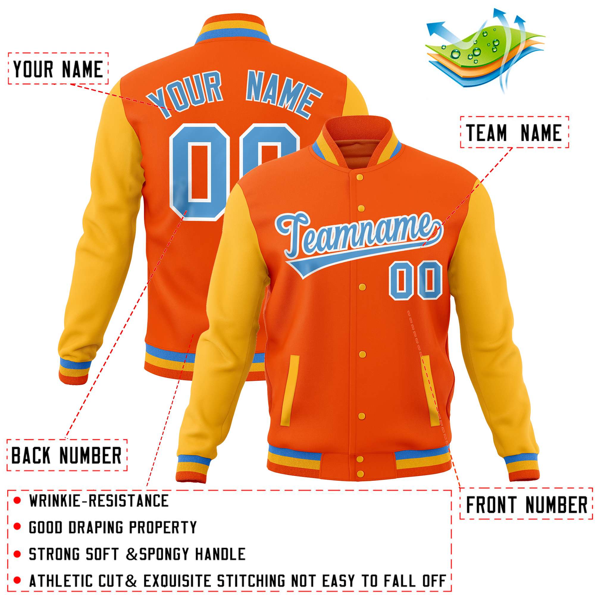 Custom Orange Gold Varsity Full-Snap Raglan Sleeves Letterman Baseball Jacket