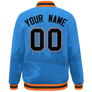 Custom Powder Blue Black-Orange Miami City Connect Track Varsity Full-Snap Jacket