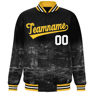 Custom Black Gold Pittsburgh City Connect Track Varsity Full-Snap Jacket