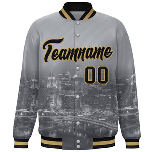 Custom Gray Black-Old Gold Pittsburgh City Connect Track Varsity Full-Snap Jacket