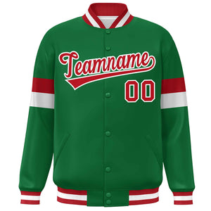 Custom Kelly Green Red-White Color Block Bomber Varsity Full-Snap Baseball Jacket