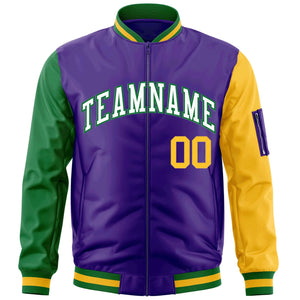 Custom Purple Kelly Green-Gold Varsity Full-Zip Raglan Sleeves Letterman Bomber Jacket