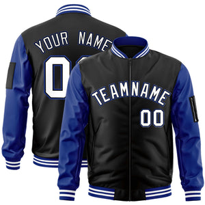 Custom Black White-Royal Varsity Full-Zip Raglan Sleeves Letterman Bomber Jacket