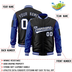 Custom Black White-Royal Varsity Full-Zip Raglan Sleeves Letterman Bomber Jacket