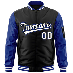 Custom Black White-Royal Varsity Full-Zip Raglan Sleeves Letterman Bomber Jacket