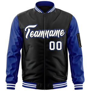 Custom Black White-Royal Varsity Full-Zip Raglan Sleeves Letterman Bomber Jacket