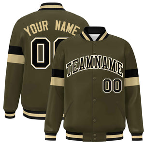 Custom Olive Black-White Color Block Bomber Varsity Full-Snap Baseball Jacket