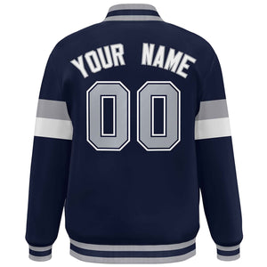 Custom Navy Gray-White Color Block Bomber Varsity Full-Snap Baseball Jacket