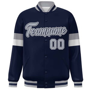 Custom Navy Gray-White Color Block Bomber Varsity Full-Snap Baseball Jacket