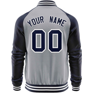 Custom Light Gray Navy Varsity Full-Zip Raglan Sleeves Letterman Baseball Jacket