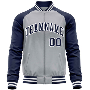 Custom Light Gray Navy Varsity Full-Zip Raglan Sleeves Letterman Baseball Jacket