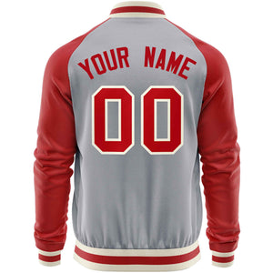 Custom Gray Red Varsity Full-Zip Raglan Sleeves Letterman Baseball Jacket