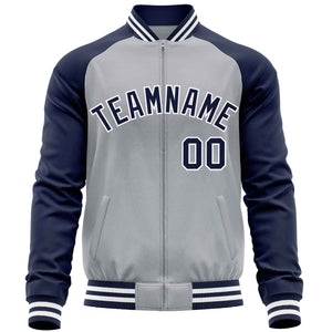 Custom Light Gray Navy Varsity Full-Zip Raglan Sleeves Letterman Baseball Jacket