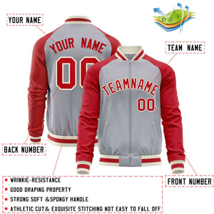 Custom Gray Red Varsity Full-Zip Raglan Sleeves Letterman Baseball Jacket