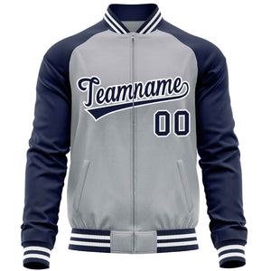 Custom Light Gray Navy Varsity Full-Zip Raglan Sleeves Letterman Baseball Jacket