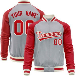 Custom Gray Red Varsity Full-Zip Raglan Sleeves Letterman Baseball Jacket