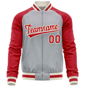 Custom Gray Red Varsity Full-Zip Raglan Sleeves Letterman Baseball Jacket