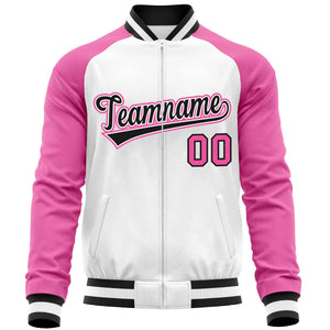 Custom White Pink-Black Varsity Full-Zip Raglan Sleeves Letterman Baseball Jacket