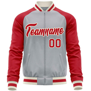 Custom Gray Red Varsity Full-Zip Raglan Sleeves Letterman Baseball Jacket