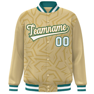 Custom Khaki White-Teal Stripe Graffiti Pattern Varsity Full-Snap Jacket