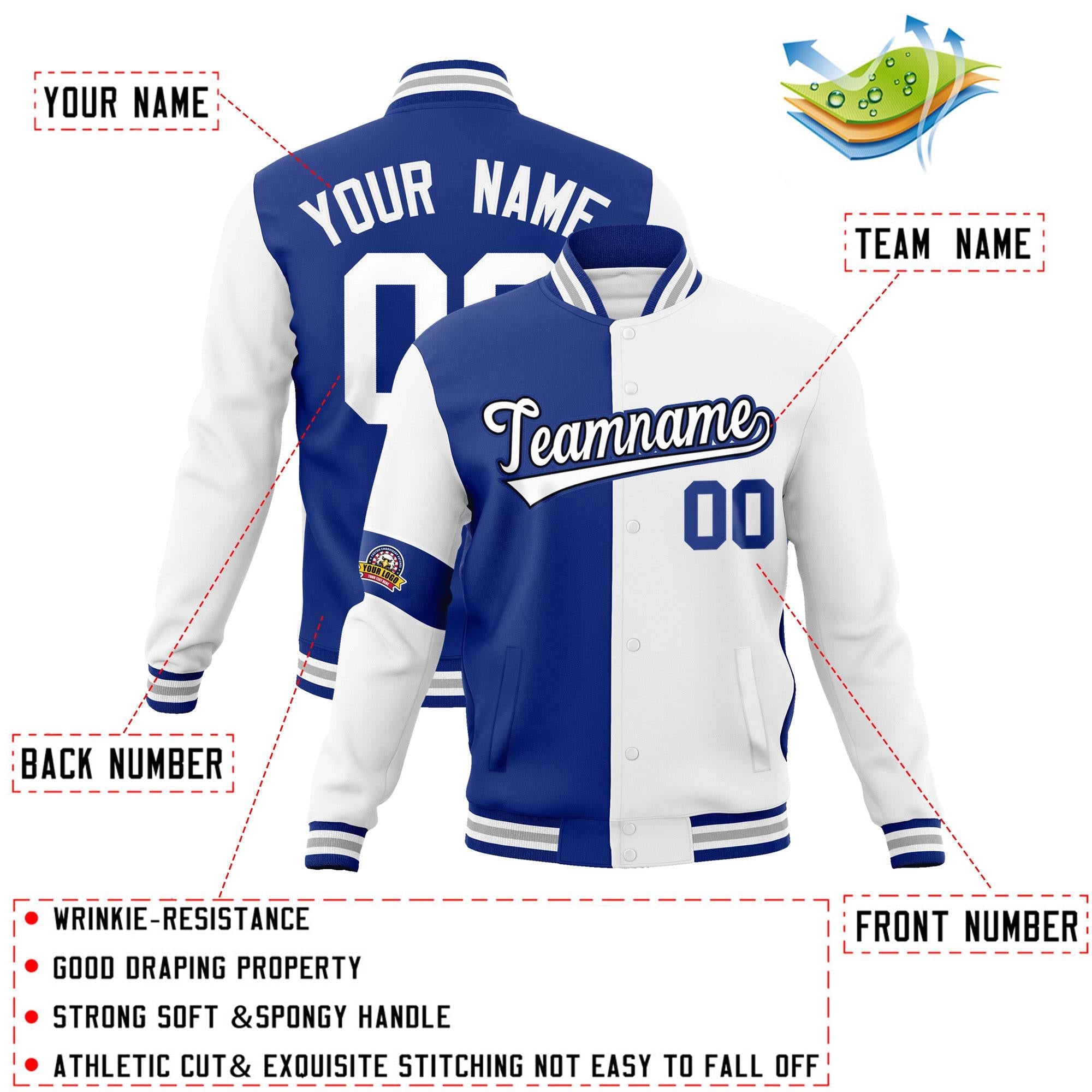 Custom Royal White Letterman Two Tone Full-Snap Split Fashion Jacket