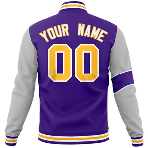 Custom Purple Gray-Gold Letterman Two Tone Full-Snap Split Fashion Jacket