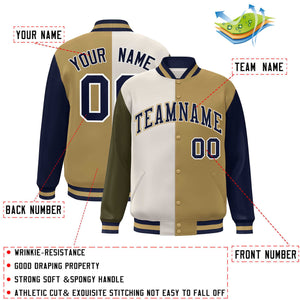 Custom Olive Khaki Old Gold-Navy Color Block Bomber Varsity Full-Snap Baseball Jacket