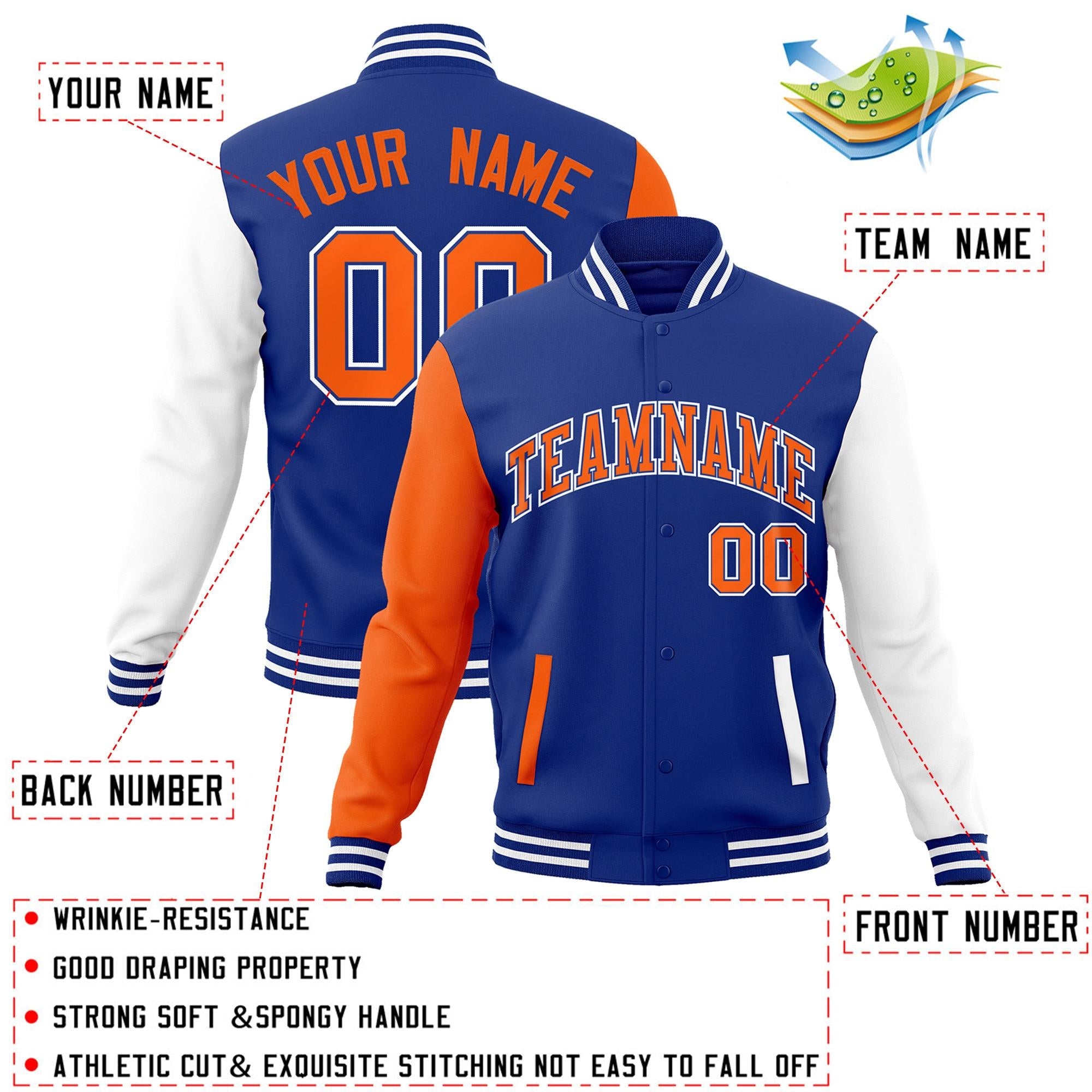 Veste Letterman Varsity Full-Snap Custom Royal Orange-Royal Raglan Sleeves