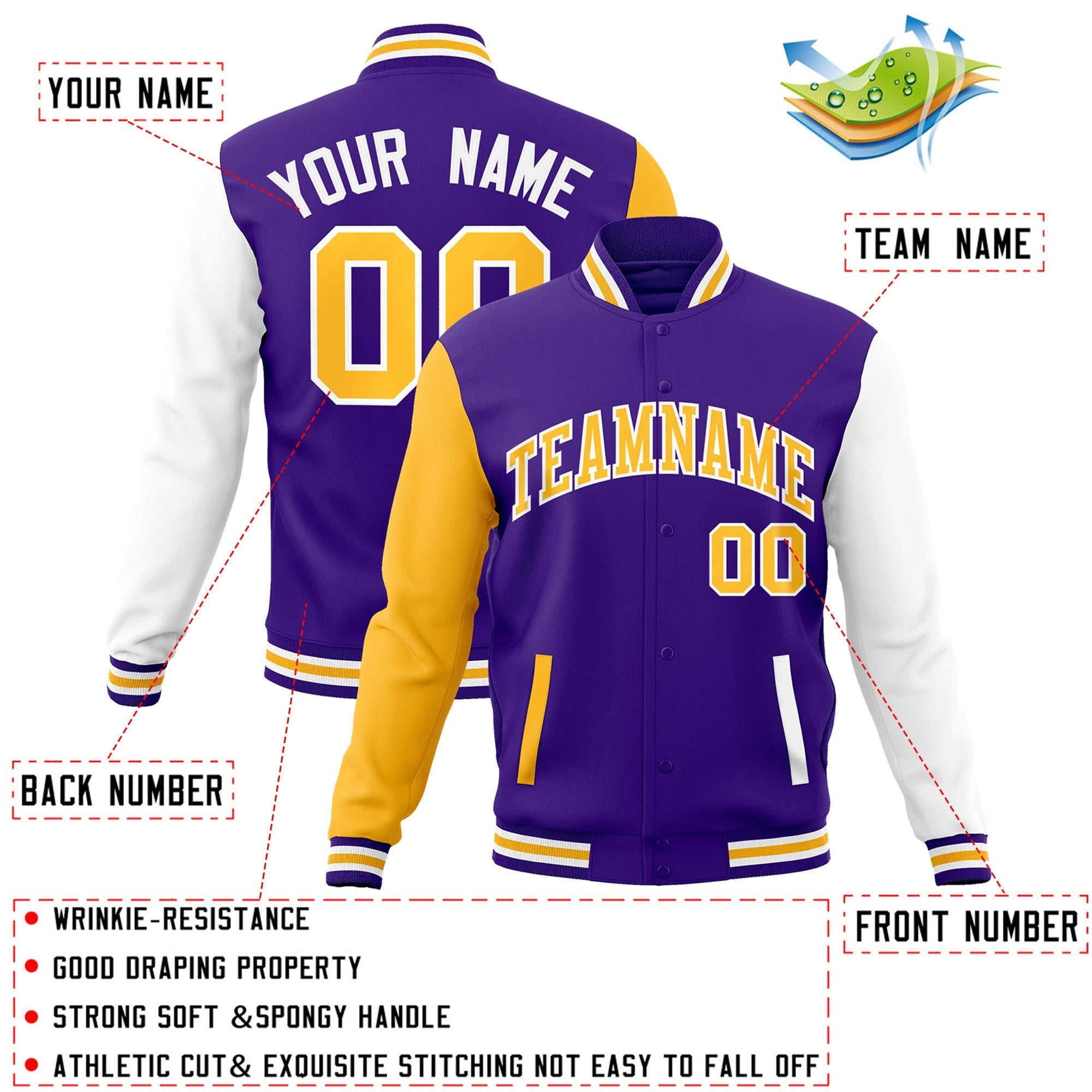 Veste Letterman Varsity Full-Snap à manches raglan personnalisées violet jaune-blanc