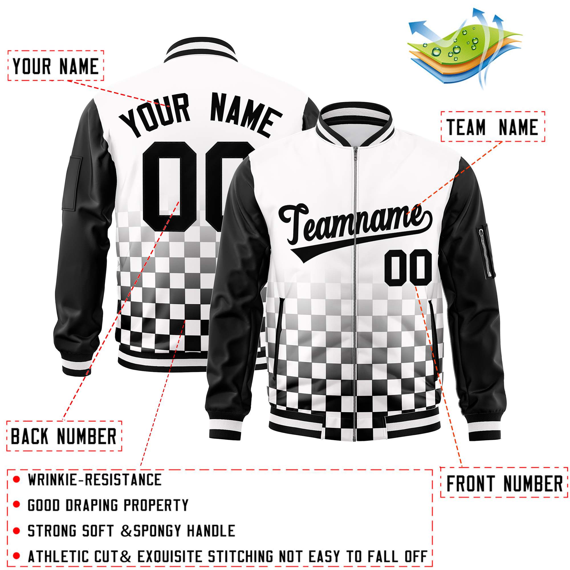 Custom White Black Grid Varsity Full-Zip Color Block Letterman Raglan Sleeve Jacket