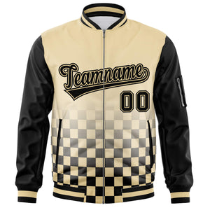 Custom Khaki Black Grid Varsity Full-Zip Color Block Letterman Raglan Sleeve Jacket