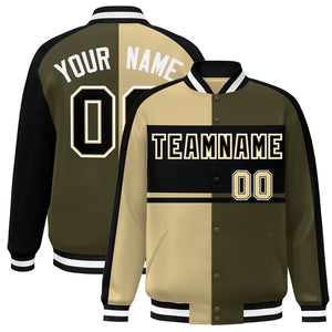 Custom Khaki Olive Black-White Color Block Bomber Varsity Baseball Jacket