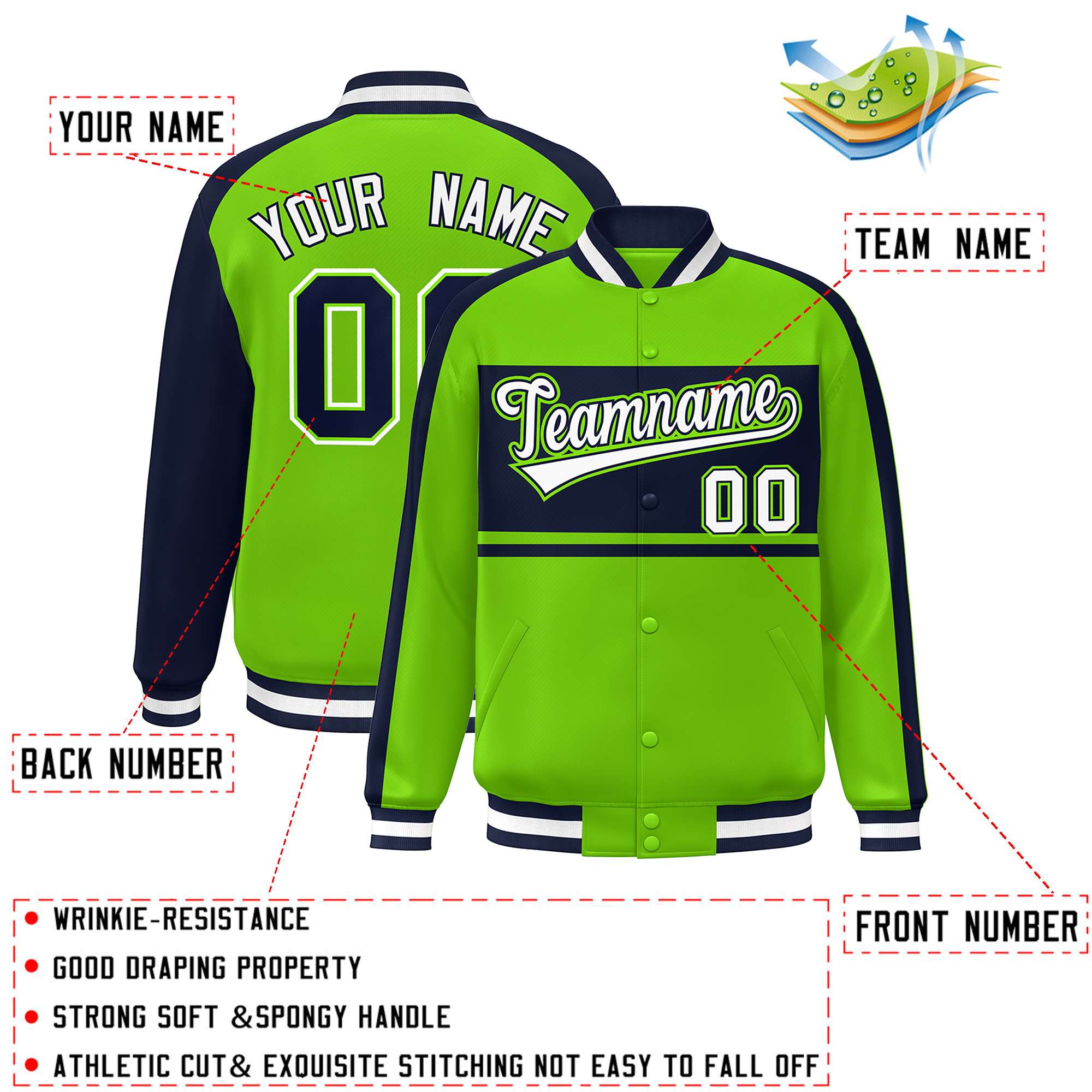 Custom Neon Green Navy-White Color Block Bomber Varsity Baseball Jacket