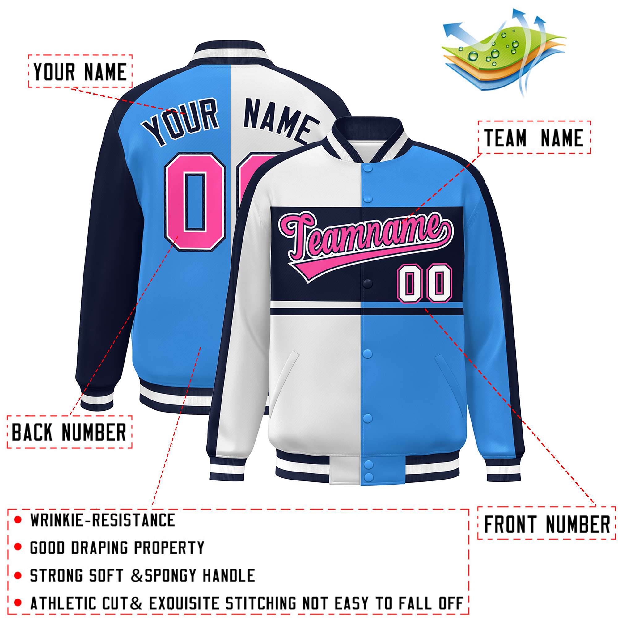Custom White Powder Blue Navy-Pink Color Block Bomber Varsity Baseball Jacket
