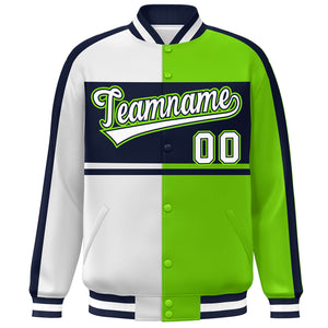 Custom White Neon Green-Navy Color Block Bomber Varsity Baseball Jacket