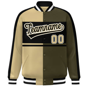 Custom Khaki Olive Black-White Color Block Bomber Varsity Baseball Jacket